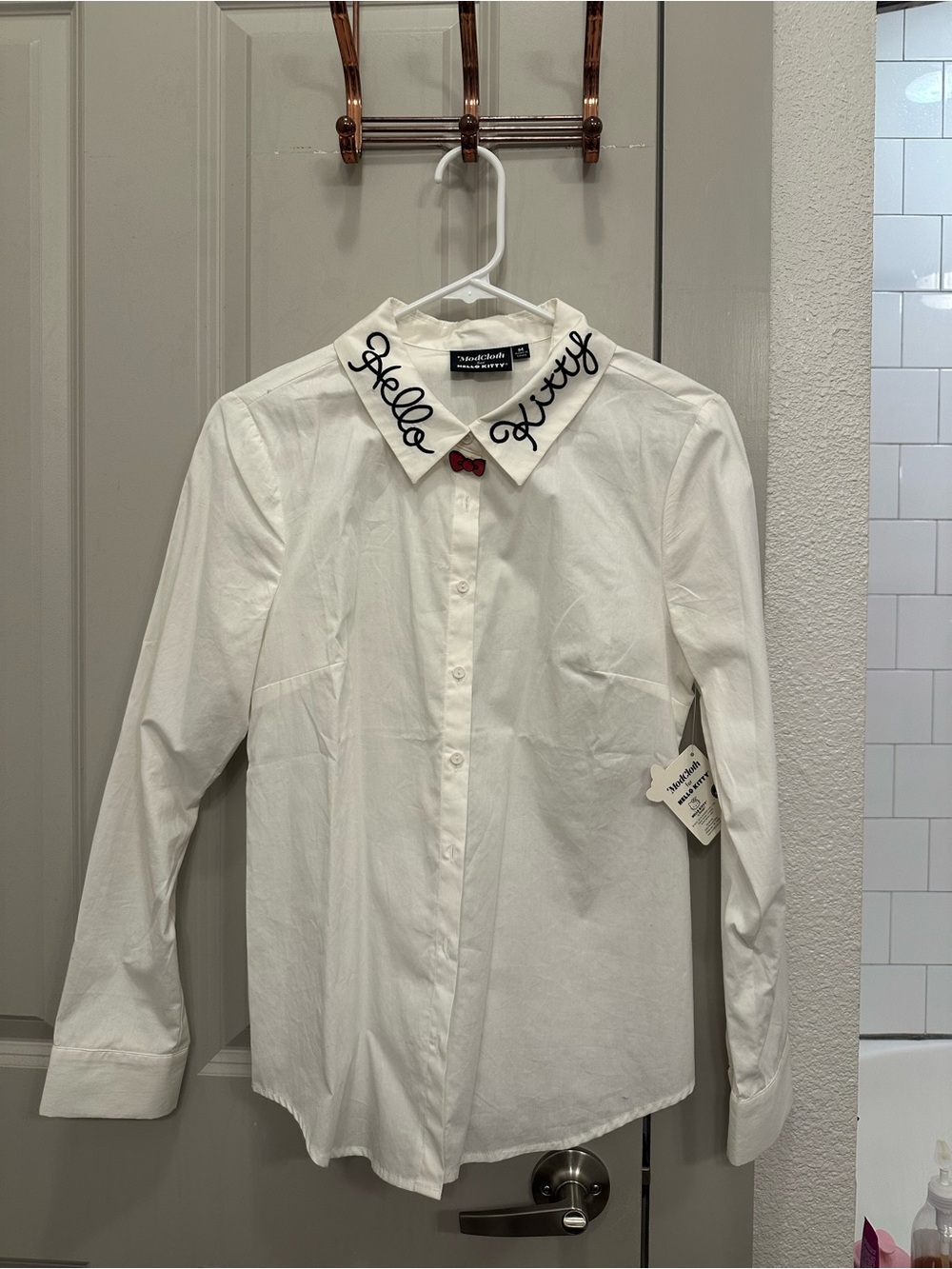 Off White Embroidered Collar Button-Down Shirt - Hello Kitty x ModCloth